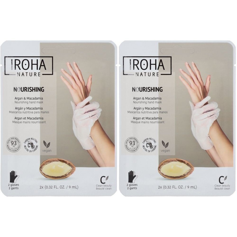 Deux emballages de masques pour les mains. Inscription : IROHA NATURE, NOURISHING, Argan & Macadamia. Label vegan. 2 gants, 2x9ml.