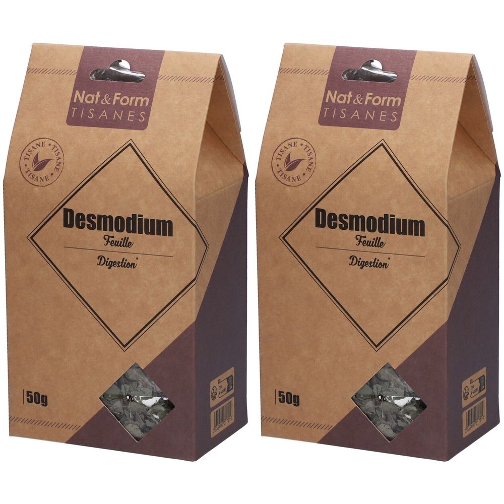 Zwei Beutel Kräutertee. Aufdruck: Nat&Form, Desmodium, 50g. Sichtfenster mit Kräutern. Braune Verpackung.