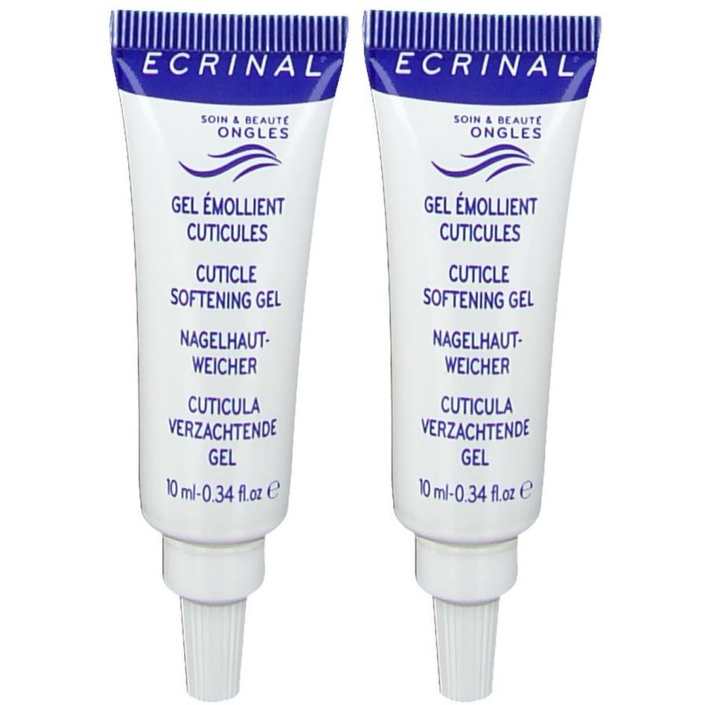 Deux tubes de gel Ecrinal®. Tubes blancs avec texte bleu. Texte: Gel émollient cuticules, Cuticle softening gel, Nagelhaut-Weicher.