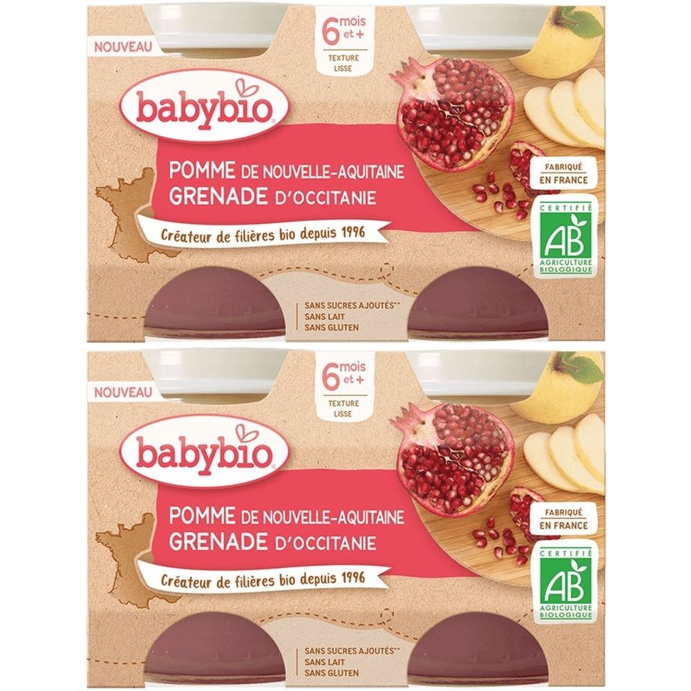Verpackung mit zwei Babybio-Gläschen. Aufschrift: Pomme Grenade. Mit AB-Bio-Siegel. Enthält Apfel und Granatapfel. Geeignet ab 6 Monaten.