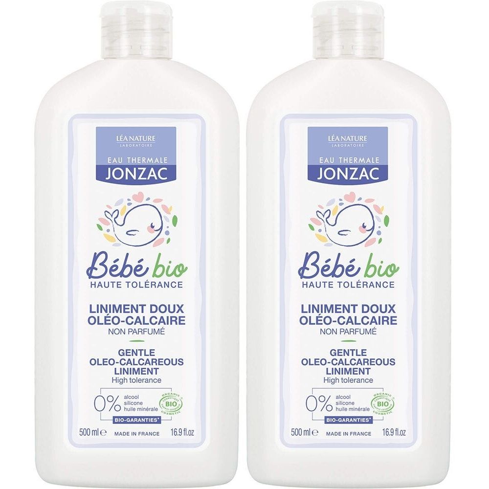 Zwei weiße Flaschen mit blau-weißen Etiketten. Auf den Etiketten steht "Jonzac Bébé bio". Text: "Liniment Doux Oléo-Calcaire".