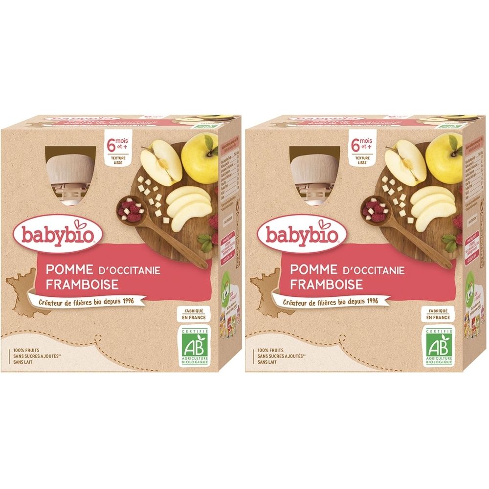 Deux boîtes Babybio POMME D'OCCITANIE FRAMBOISE. Inscriptions : 6+ mois, label AB, illustrations de pomme et framboise.