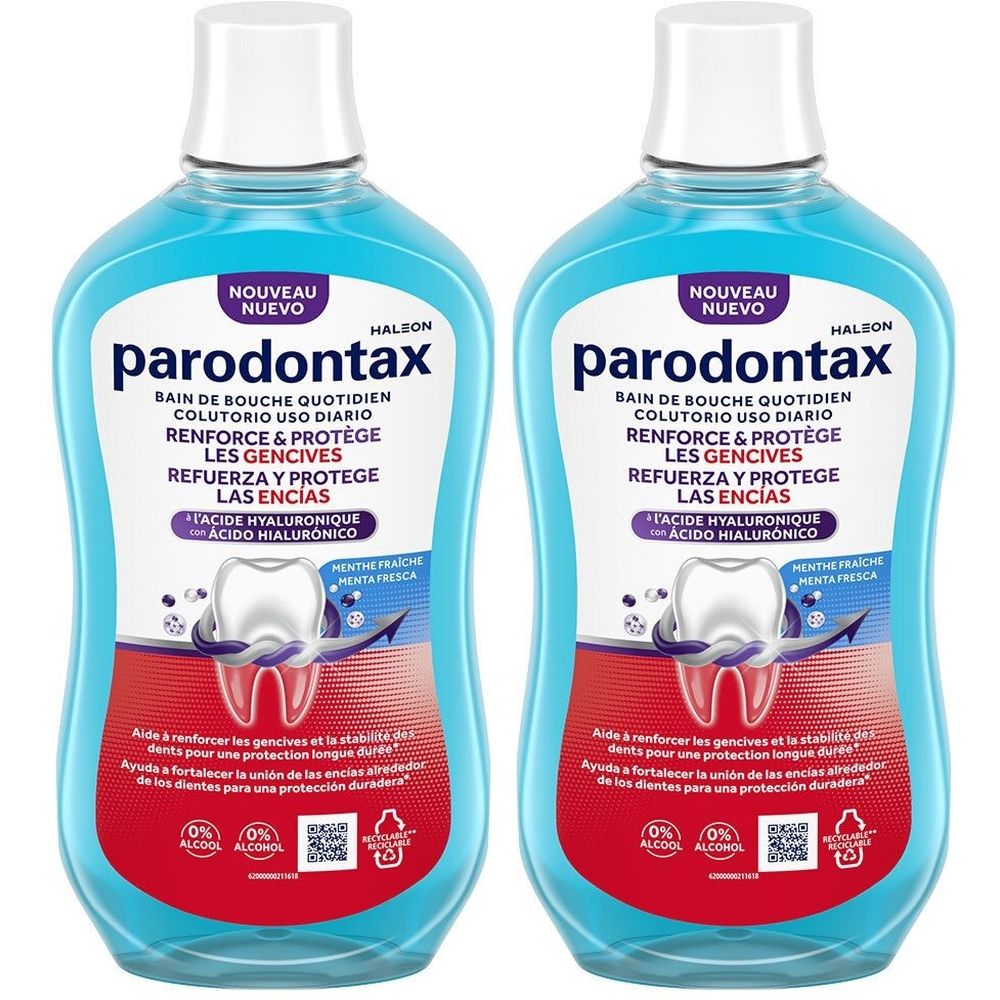 Deux flacons de bain de bouche Parodontax. Inscription : bain de bouche quotidien, avec acide hyaluronique. Emballage bleu, blanc et rouge.