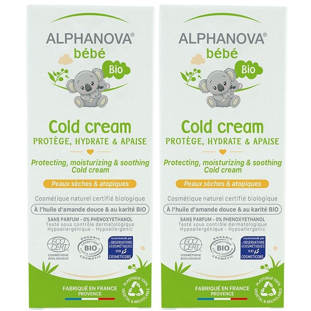 Alphanova Baby Cold Cream Karton mit zwei Packungen, Bio-zertifiziert, für trockene und atopische Haut.