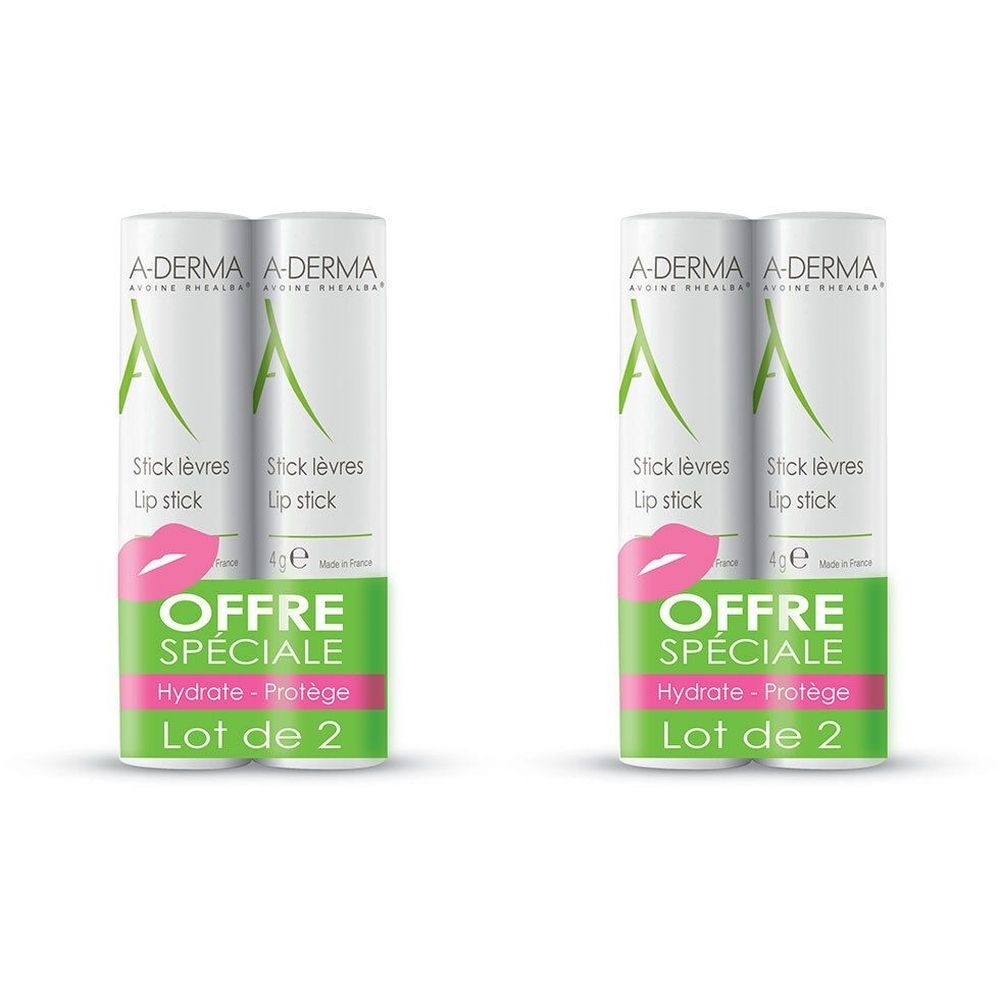 Zwei Lippenpflegestifte in weißer Verpackung. Aufdruck: A-DERMA, Stick lèvres, OFFRE SPECIALE, Lot de 2.