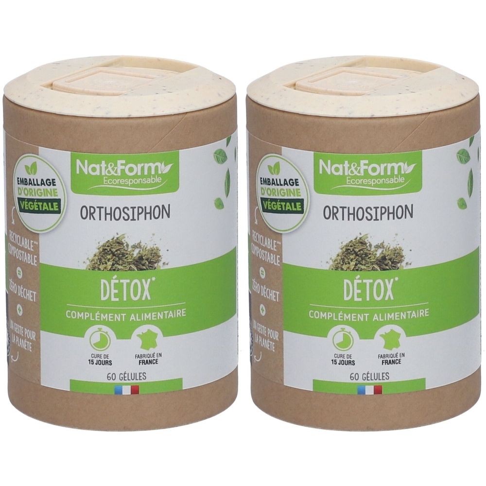 Zwei zylindrische Behälter mit Deckel. Aufschrift: Nat&Form Orthosiphon, DÉTOX, complément alimentaire. 60 Gélules. Verpackung aus Pflanzenmaterial.