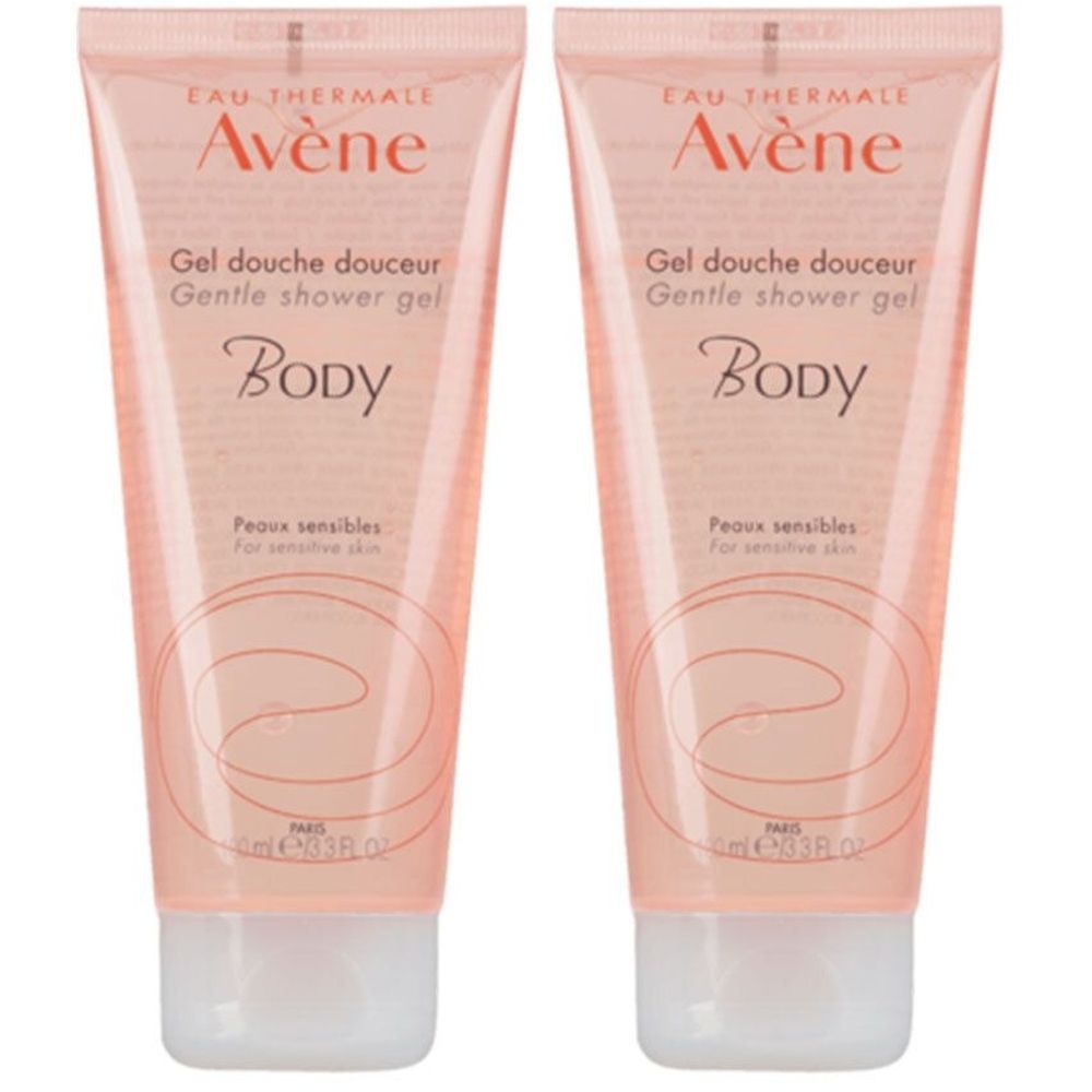 Zwei Tuben Duschgel. Rosa transparente Verpackung mit weißem Verschluss. Aufschrift: Avène, Gel douche douceur, Body.