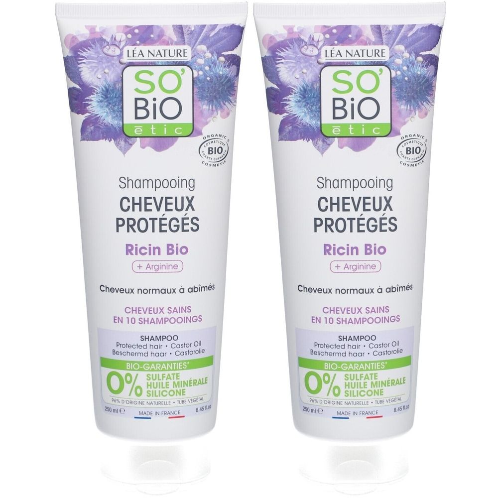 Deux tubes de shampooing SO BIO etic. Inscription: Shampooing Cheveux Protégés Ricin Bio + Arginine. Bio-Garantie. 0% sulfate, huile minérale, silicone.