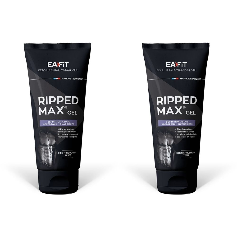 Zwei schwarze Tuben mit Produktaufdruck. Aufschrift: RIPPED MAX GEL. Französische Marke. Abbildung eines muskulösen Bauches.