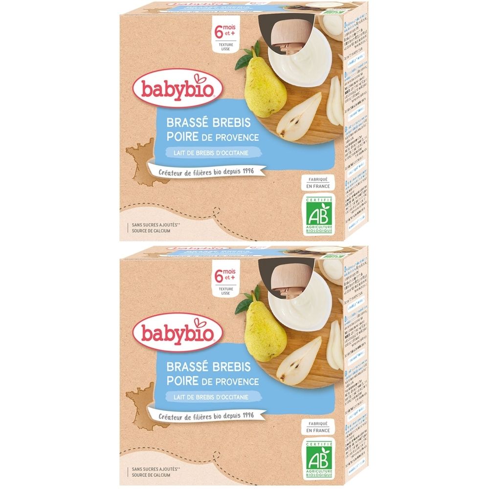 Deux boîtes Babybio. Inscription « BRASSÉ BREBIS POIRE DE PROVENCE ». Illustration de poire. Label AB. Texte en français.