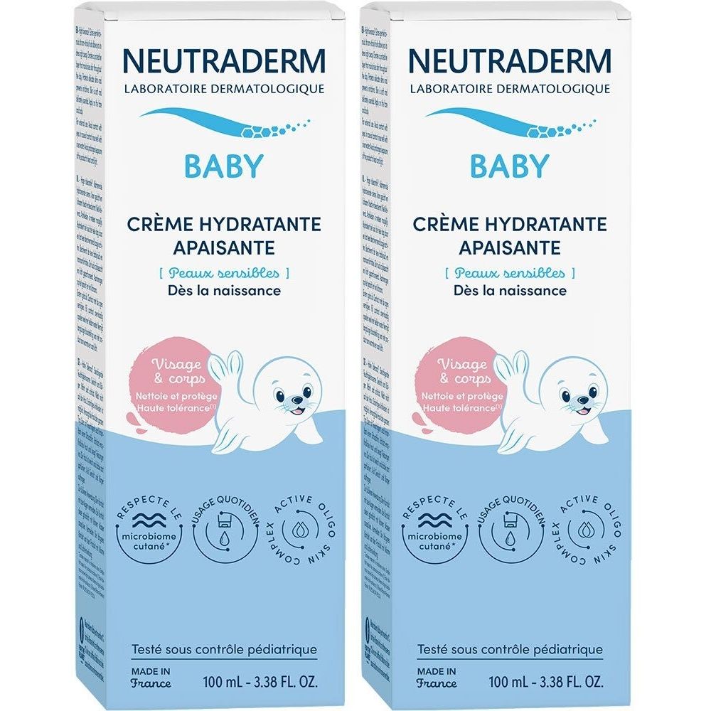 Zwei Kartons mit Babycreme. Aufschrift: Neutraderm Baby, Crème hydratante apaisante. Mit Siegel-Illustration.