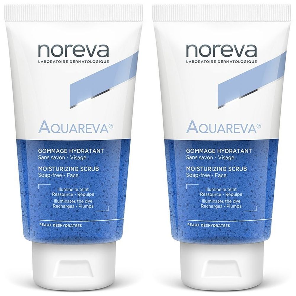 Zwei Tuben noreva AQUAREVA® Peeling. Weiße Tuben mit blauem Streifen und Produktbezeichnungen. Text: Gommage Hydratant.