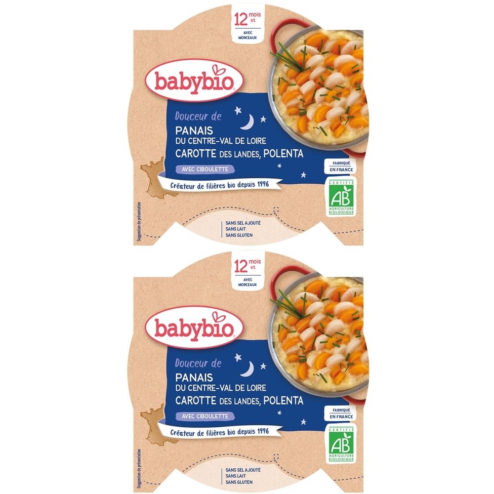 Deux emballages Babybio. Inscription: Douceur de Panais, Carotte des Landes, Polenta. Label AB bio.