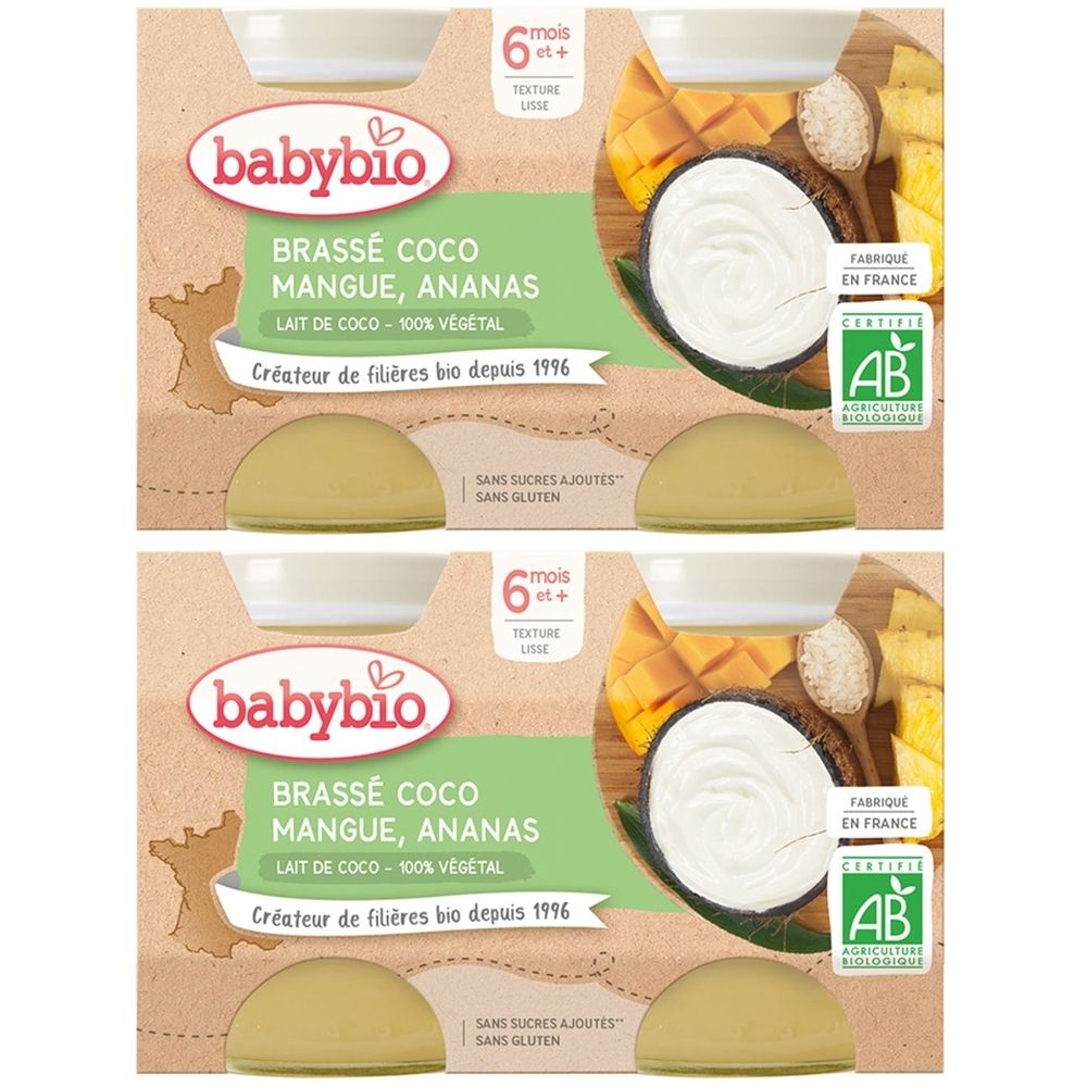 Deux boîtes de nourriture pour bébé Babybio. Inscription: BRASSÉ COCO MANGUE ANANAS. Certification AB bio. 6+ mois.