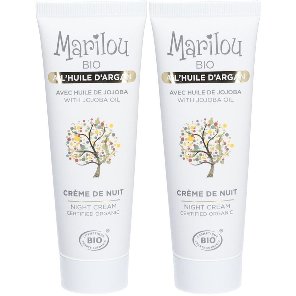 Zwei Tuben Nachtcreme. Aufschrift: Marilou Bio, Crème de Nuit, mit Arganöl und Jojobaöl. Bio-Zertifizierung.