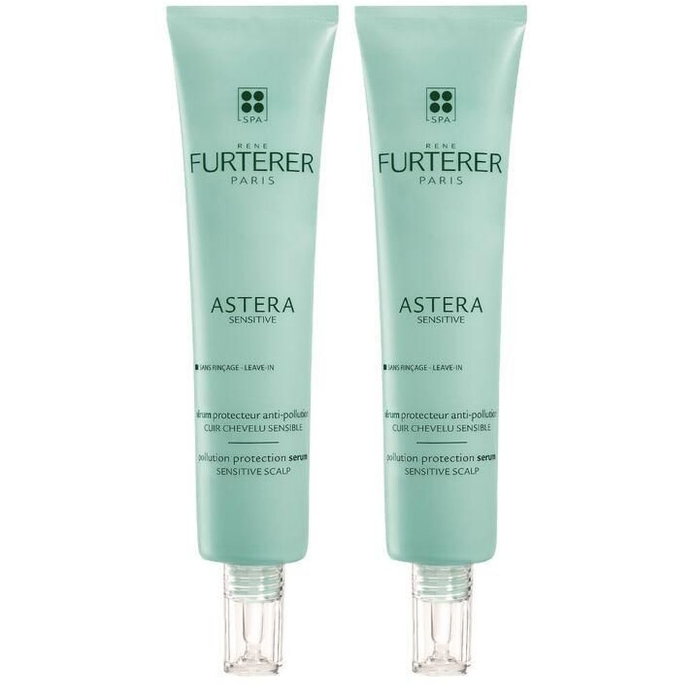 Deux tubes de sérum. Tubes vert clair avec texte blanc. Inscription: FURTERER PARIS, ASTERA SENSITIVE. Embout transparent.