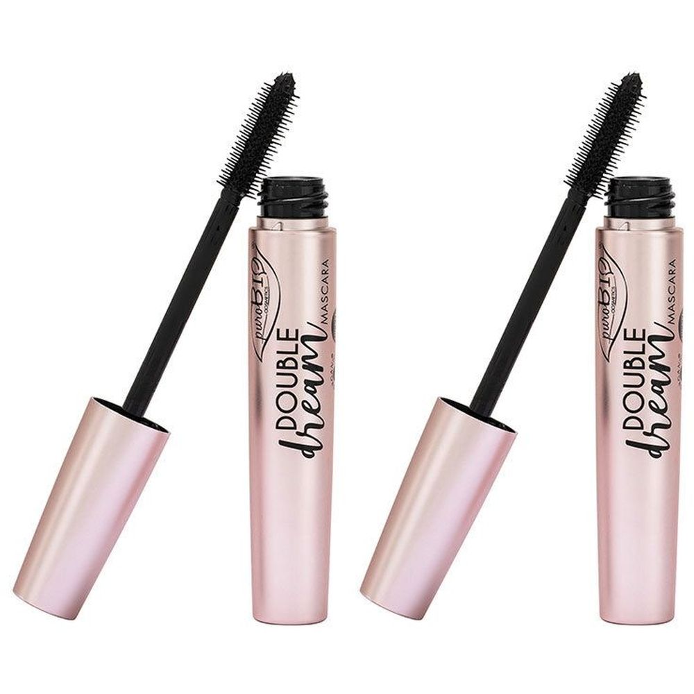 Deux mascaras avec brosse noire et boîtier rose. Inscription: Double Dream, Mascara, puroBio.