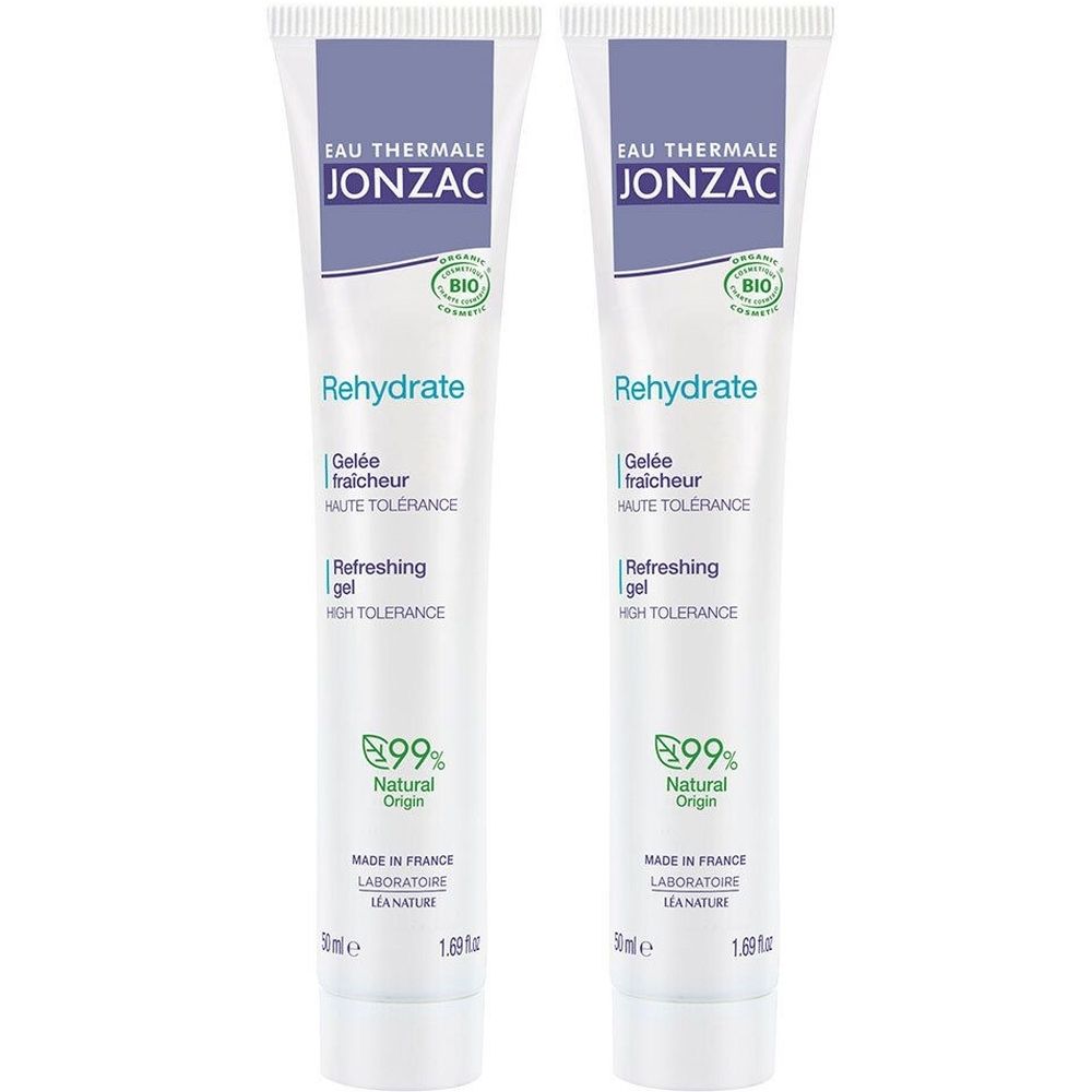 Deux tubes de gel Jonzac Rehydrate. Blanc, accents violets. Texte: Rehydrate, Gelée fraîcheur, 99% Natural Origin. Label Bio.