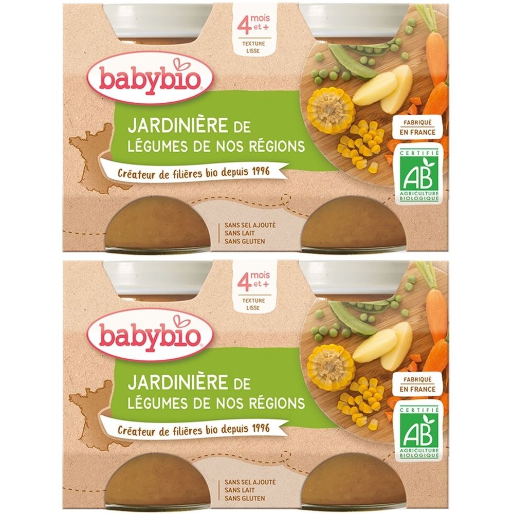 Verpackung mit Babybio-Gemüse-Püree. Aufschrift: Jardinière de légumes de nos régions. Bio-Zertifizierung. Ohne Salz, Milch und Gluten.