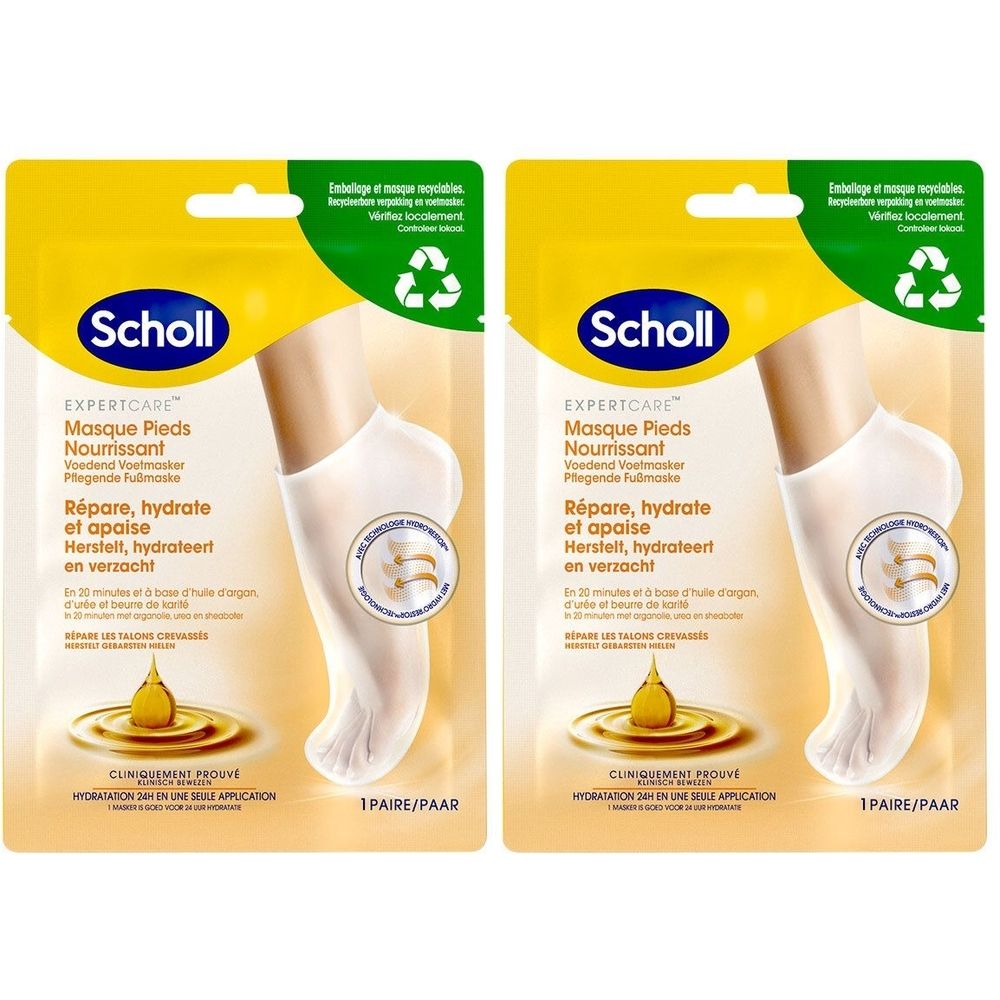 Zwei Packungen Scholl Fußmaske. Gelbe Verpackung mit Produktabbildung. Text: EXPERTICARE, Masque Pieds Nourrissant, repariert, hydratisiert und beruhigt.