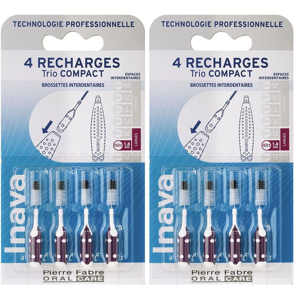 Packung mit 4 Inava Trio Compact Interdentalbürsten-Nachfüllungen. Lila Griff mit weißen Punkten. Pierre Fabre Oral Care.
