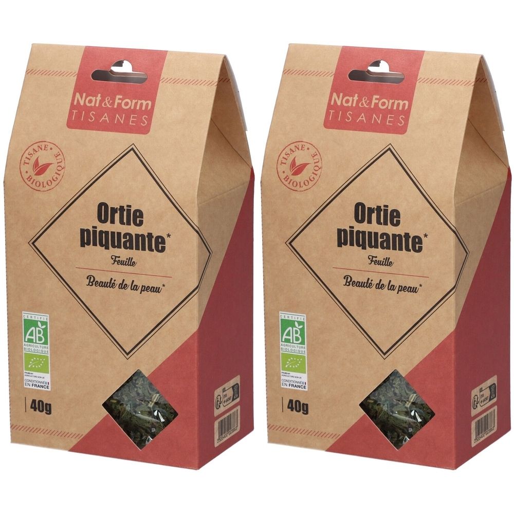 Deux paquets de tisane. Inscription: Ortie piquante, Beauté de la peau. Label bio. 40g.
