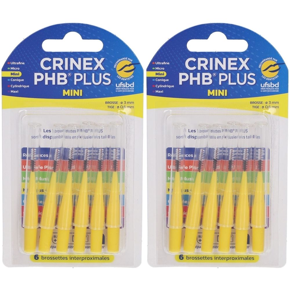 Deux paquets de Crinex PHB Plus Mini. Têtes de brosse jaunes, emballage transparent, emballage bleu et jaune.