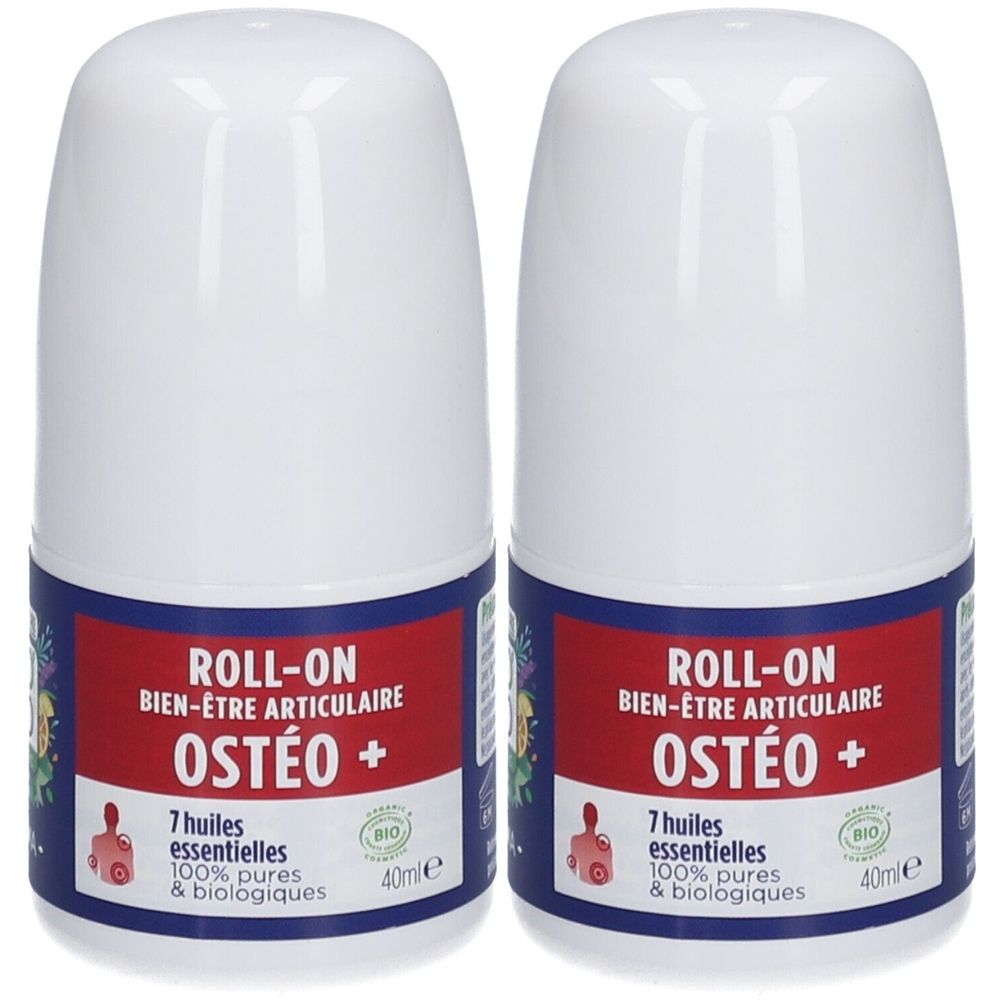 Zwei weiße Roll-On-Flaschen mit blauen und roten Etiketten. Auf den Etiketten steht "ROLL-ON OSTÉO +" und "7 huiles essentielles".