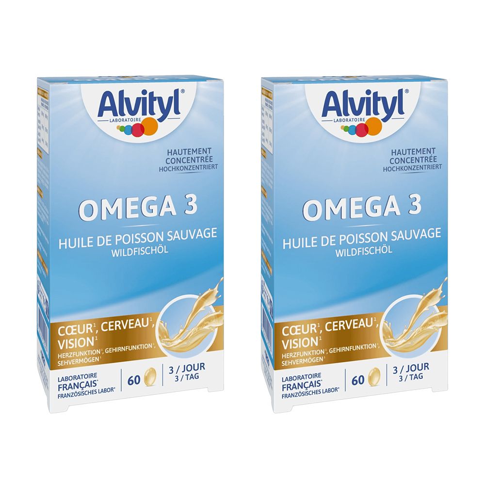 Zwei Kartons Alvityl Omega 3. Aufschrift: Omega 3, Huile de Poisson Sauvage. Enthält 60 Kapseln. Französische Laboratoire.