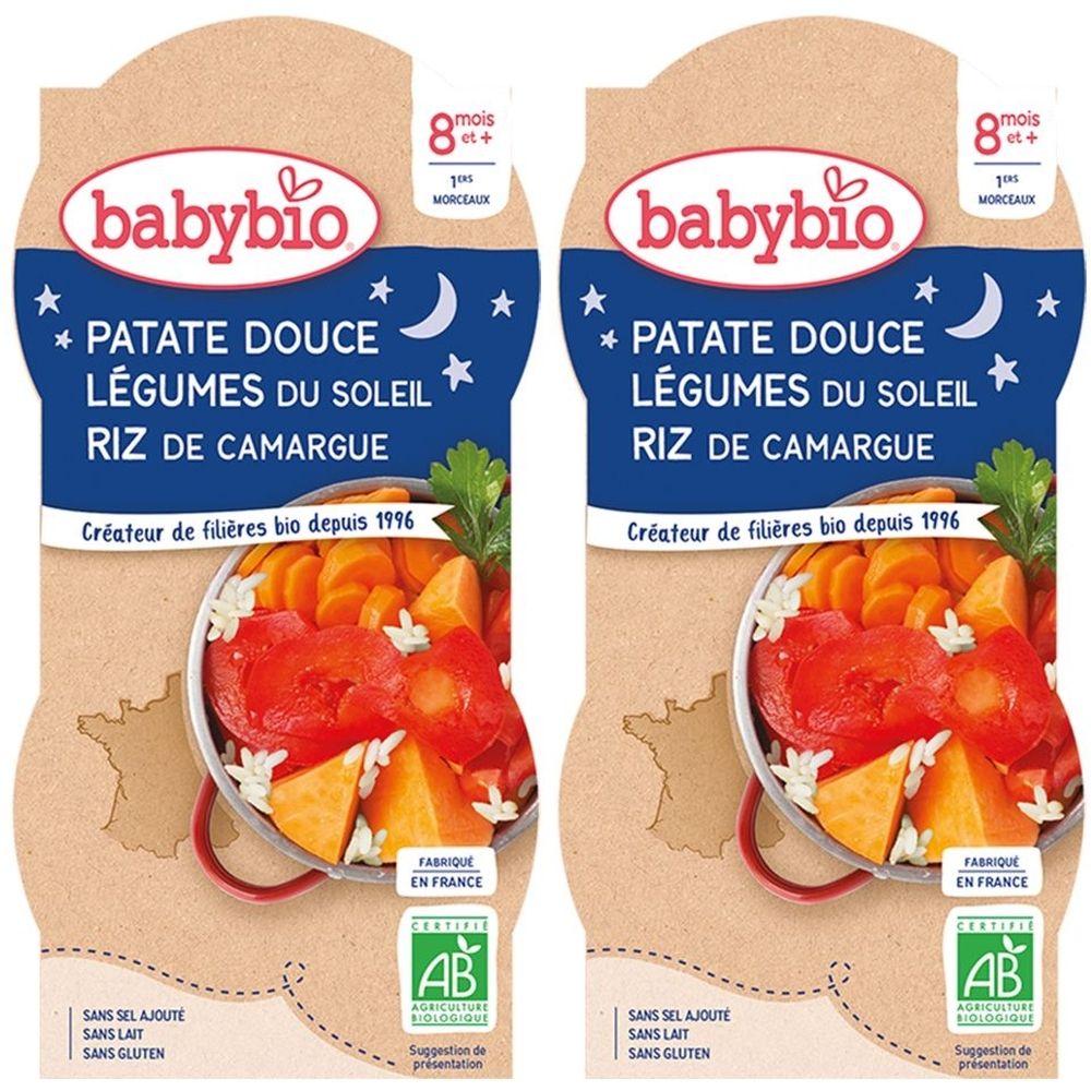 Deux emballages Babybio. Inscription: PATATE DOUCE LÉGUMES DU SOLEIL RIZ DE CAMARGUE. Label bio.
