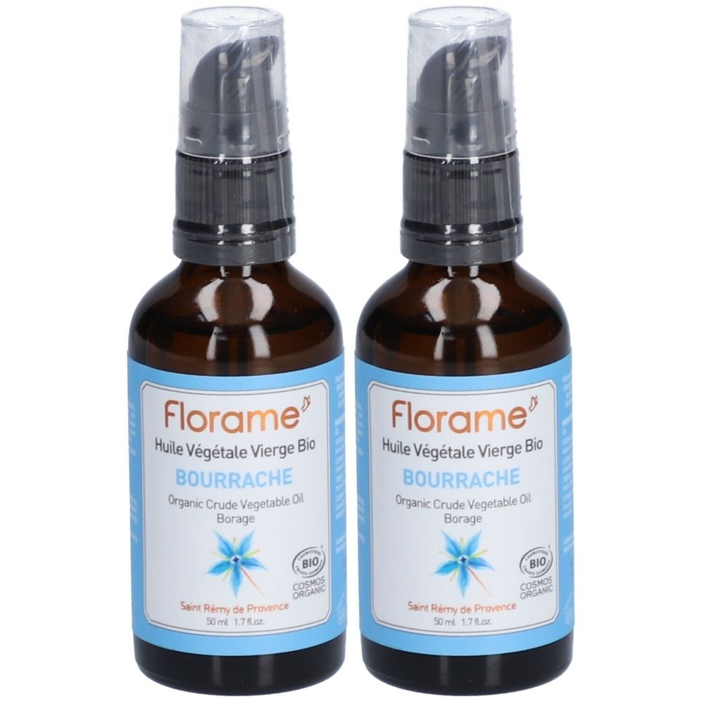 Zwei braune Glasflaschen mit blauen Etiketten. Auf den Etiketten steht "Florame", "Huile Végétale Vierge Bio Bourrache" und ein Bio-Siegel. Die Flaschen haben einen Pumpverschluss.