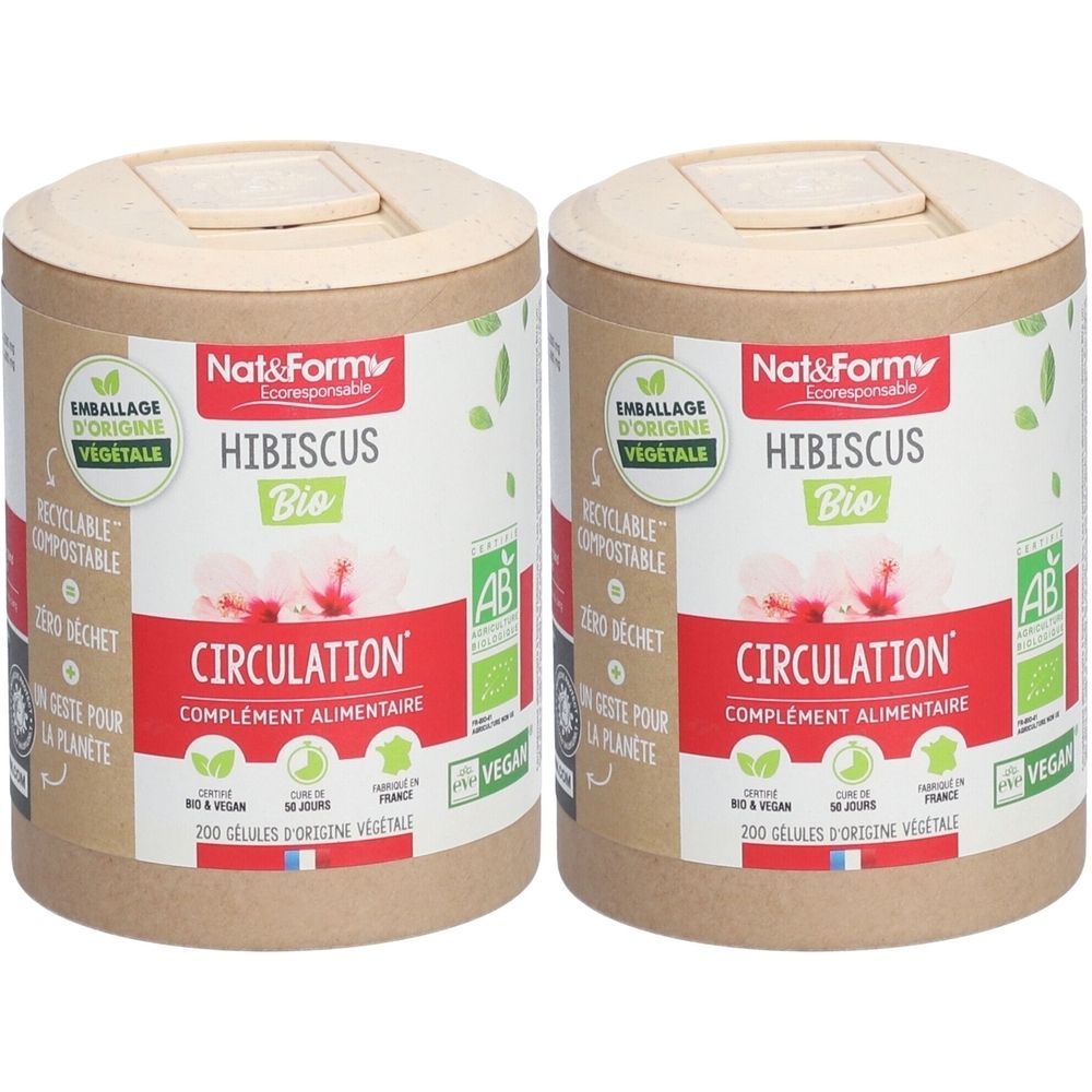 Zwei zylindrische Behälter mit Deckel. Aufschrift: Hibiscus Bio, Circulation, ergänzende Nahrungsmittel. Vegan-Siegel.