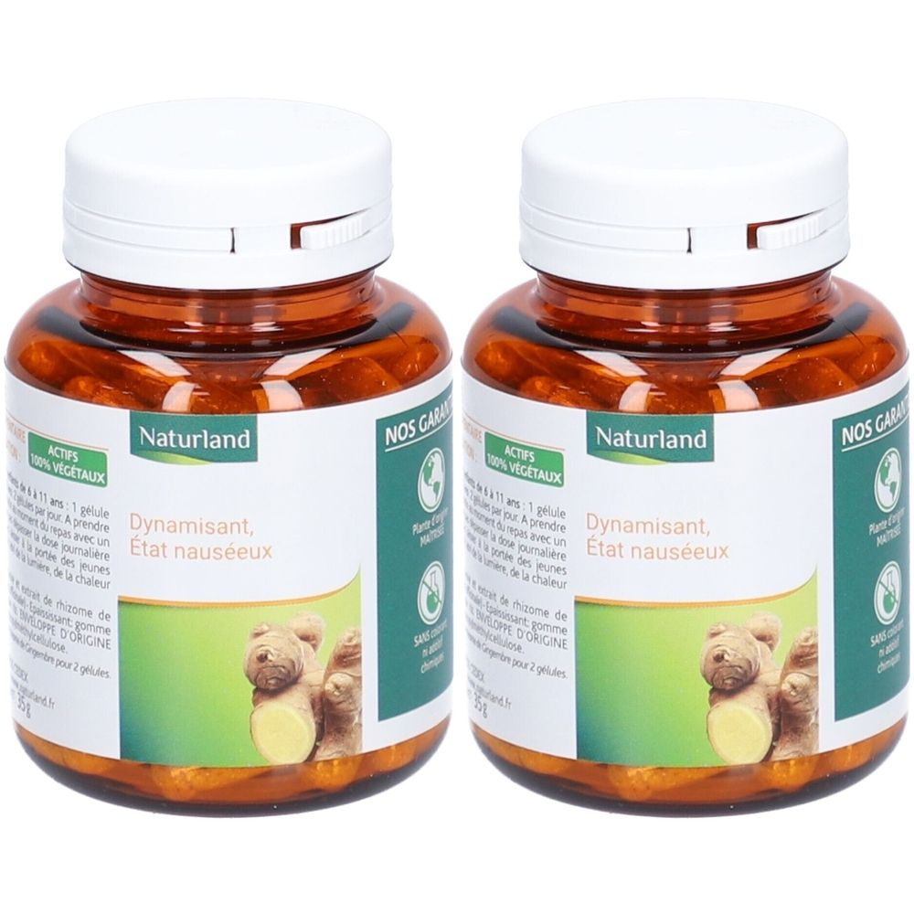 Zwei braune Flaschen mit weißen Deckeln. Auf den Etiketten steht "Naturland" und "Dynamisant, Etat nauséeux".
