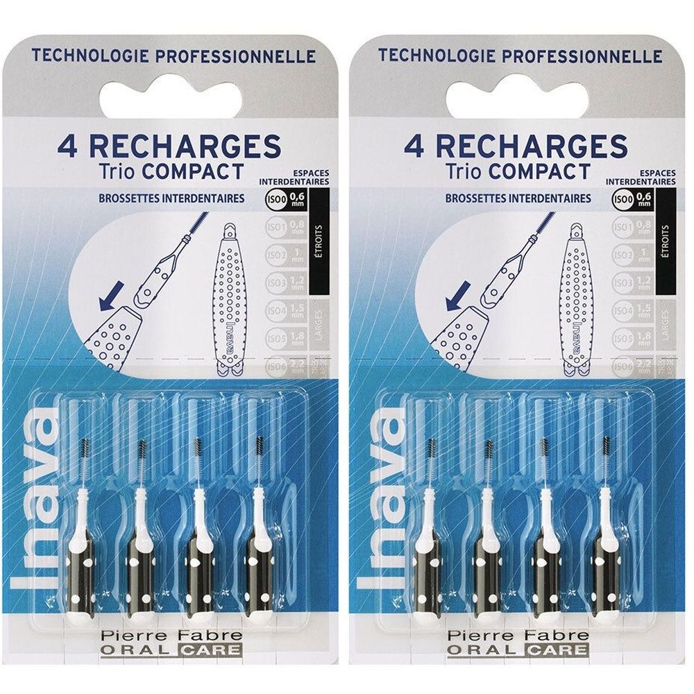 Deux emballages de recharges Inava Trio Compact. Chaque emballage contient 4 brossettes interdentaires. Inscription : Pierre Fabre Oral Care.
