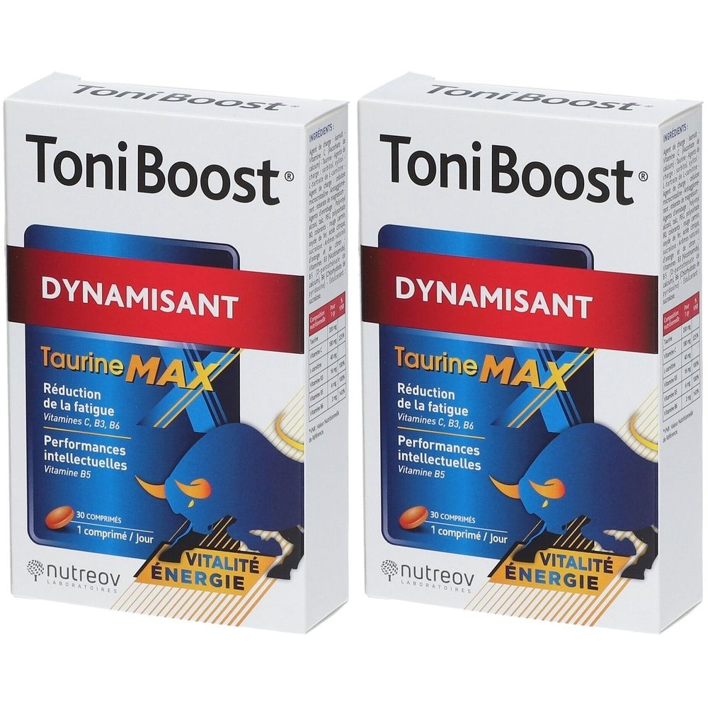 Zwei weiße Kartons mit Aufschrift ToniBoost, Taurine MAX. Roter Balken mit DYNAMISANT. Blaue Grafik eines Bullen.