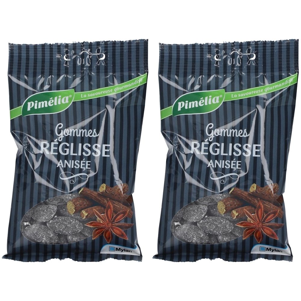 Zwei Beutel mit transparentem Fenster. Aufschrift: Pimélia, Gommes Réglisse Anisée. Sichtbar sind Lakritz und Sternanis.