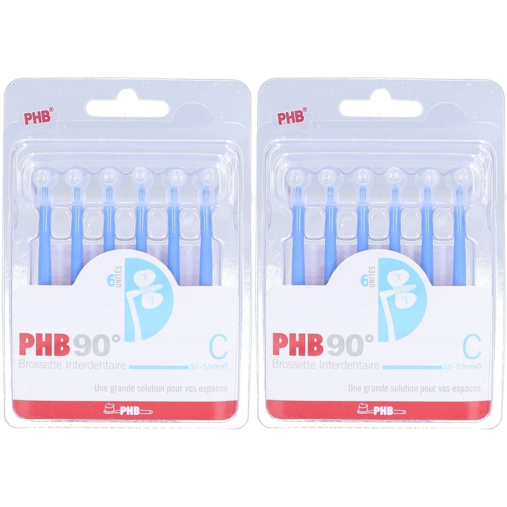 Zwei Blisterpackungen mit blauen Interdentalbürsten. Auf jeder Packung steht "PHB 90°". Die Bürsten sind in transparentem Kunststoff verpackt.