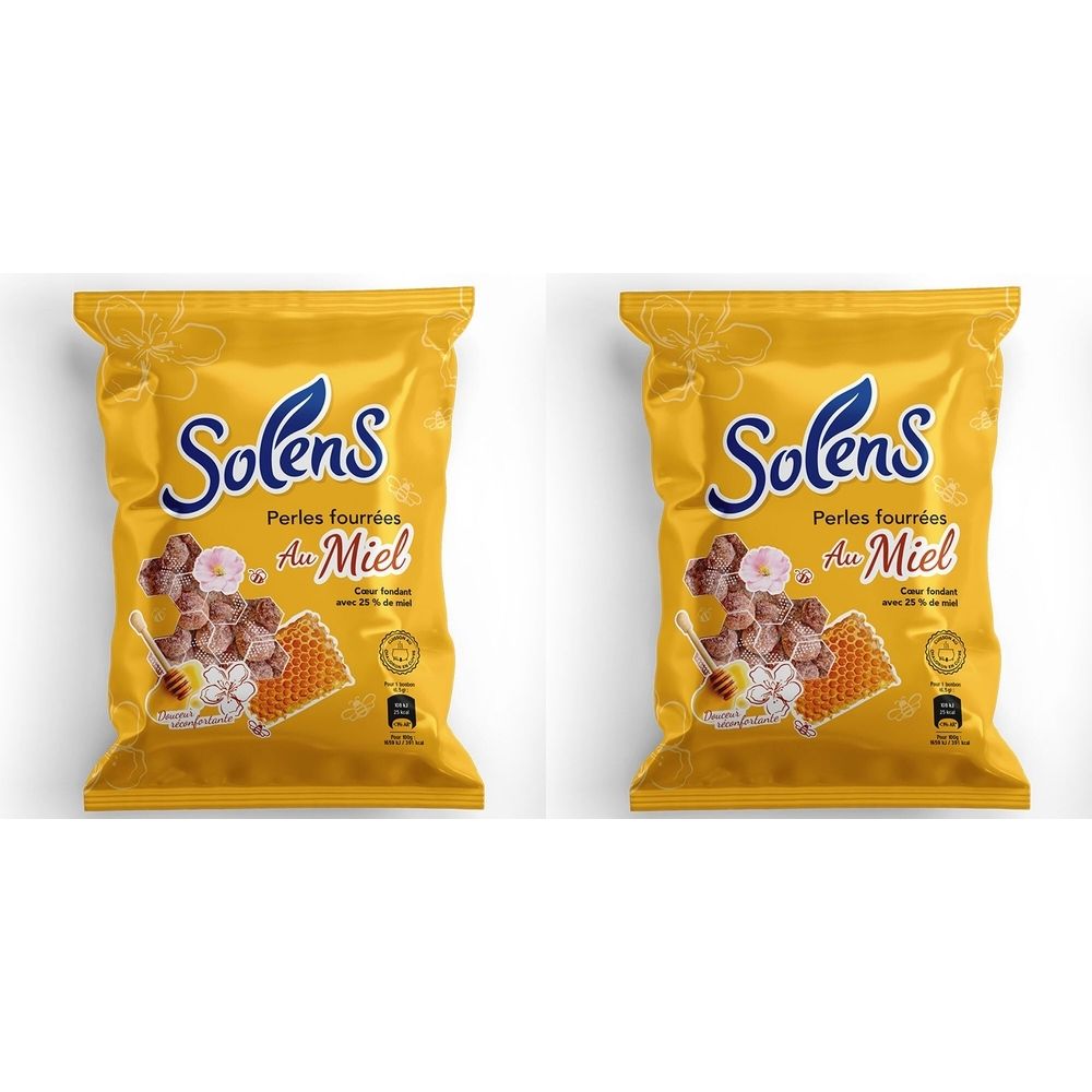 Deux sachets jaunes de Solens Perles fourrées au Miel. Impression avec illustration du produit et logo. Sceau de qualité.