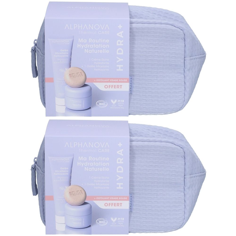 Zwei Sets mit Kosmetikprodukten. Jedes Set enthält eine Tasche, eine Tube, eine Creme und ein rundes Produkt. Auf der Verpackung steht "ALPHANOVA".