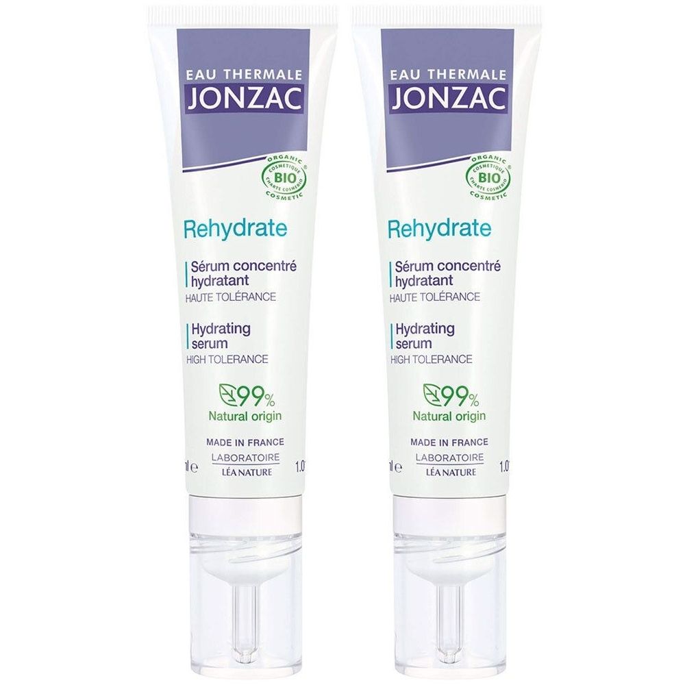 Deux tubes de sérum Jonzac Rehydrate. Tubes blancs avec accents violets. Texte : Rehydrate, Hydrating serum, 99% d'origine naturelle.