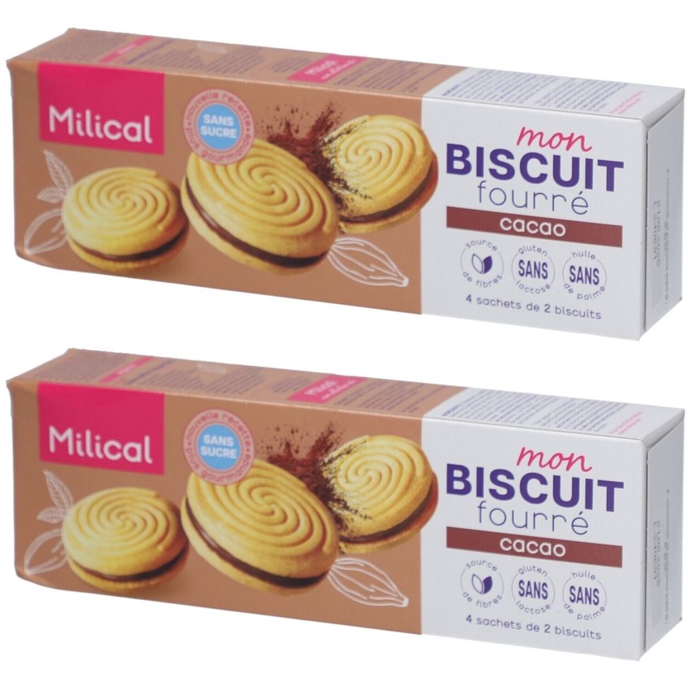 Deux boîtes de biscuits Milical fourrés au chocolat. Inscription: Mon Biscuit Fourré Cacao. Sans sucre, sans gluten, sans.