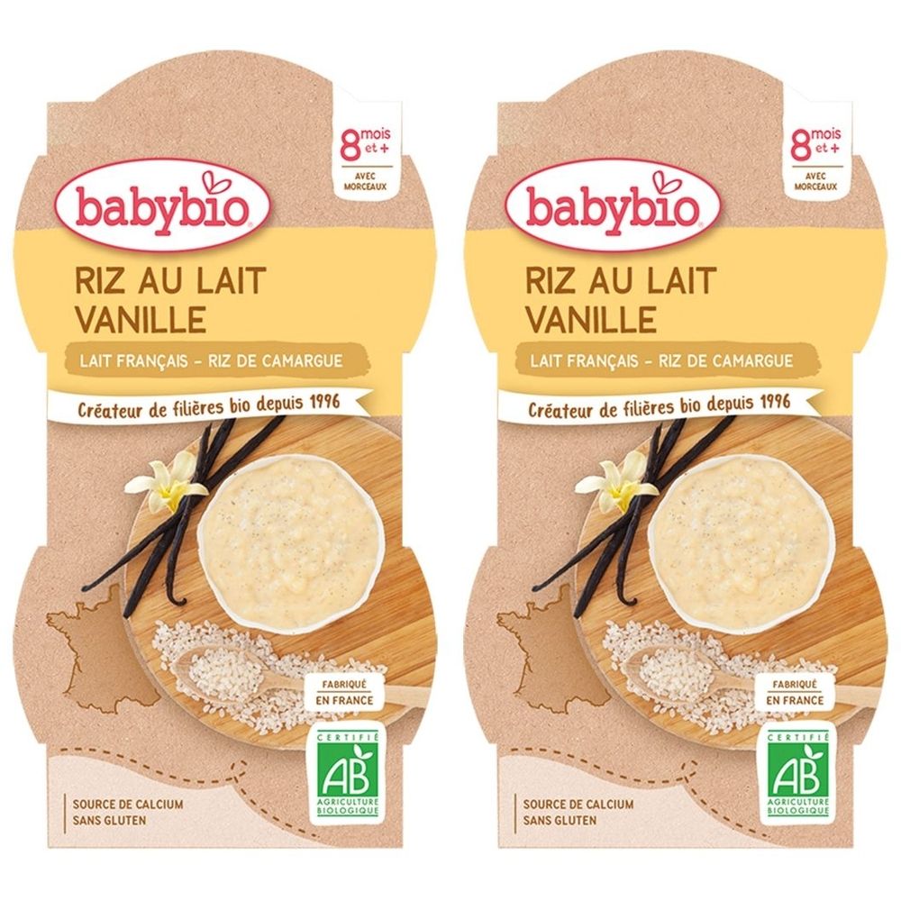 Zwei Packungen Babybio RIZ AU LAIT VANILLE. Aufdrucke: 8 mois+, Lait Français, Riz de Camargue, AB-Siegel, glutenfrei.
