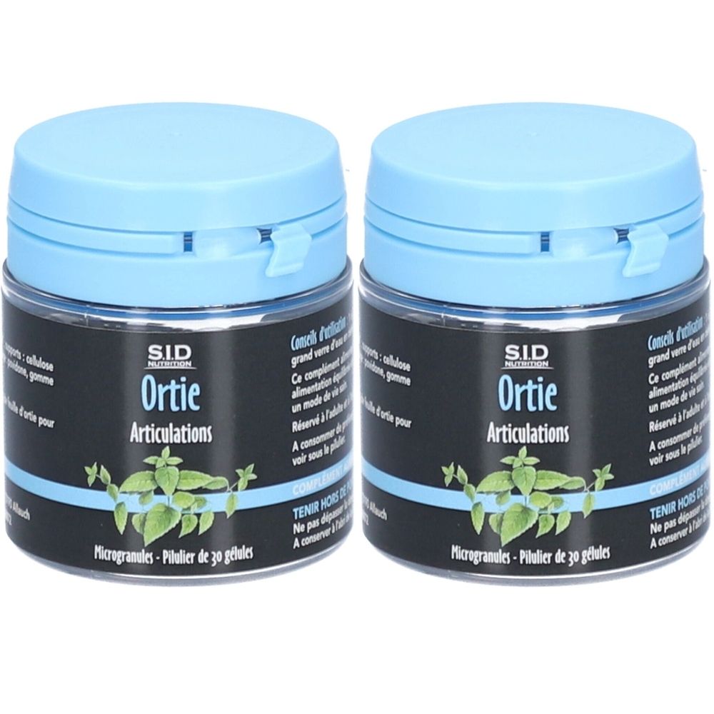 Zwei runde Dosen mit blauem Deckel. Aufschrift: SID Nutrition, Ortie, Articulations. Enthält 30 Kapseln.