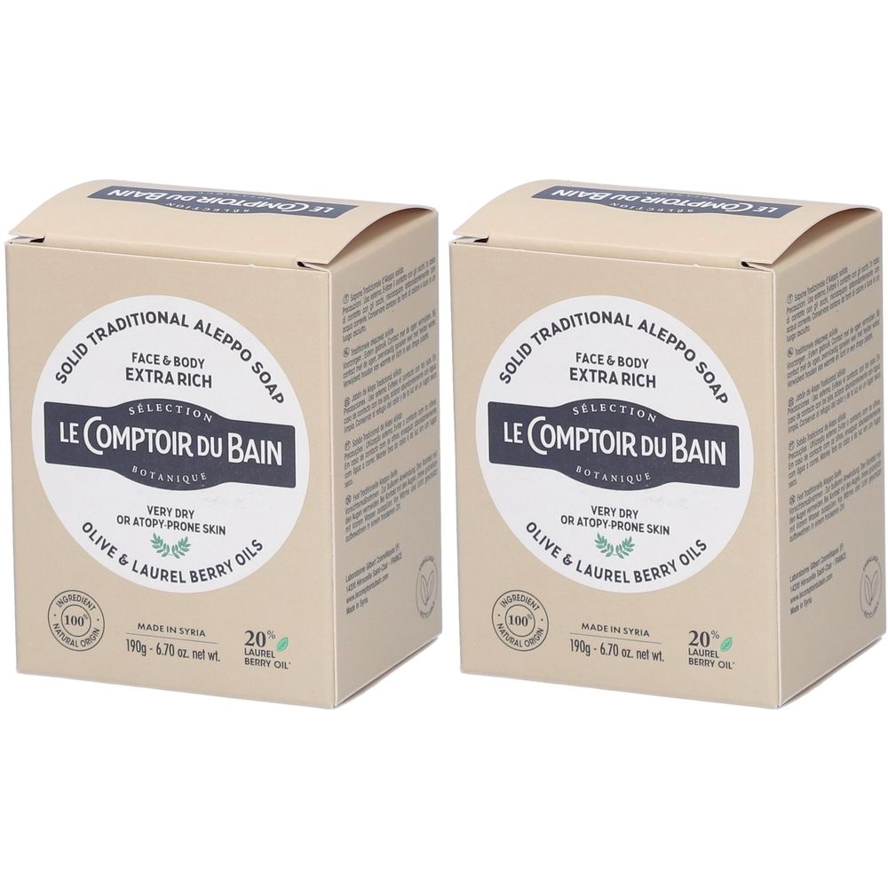 Deux boîtes carrées. Inscription : Le Comptoir du Bain, savon d'Alep, pour peaux très sèches. Huiles d'olive et de laurier.