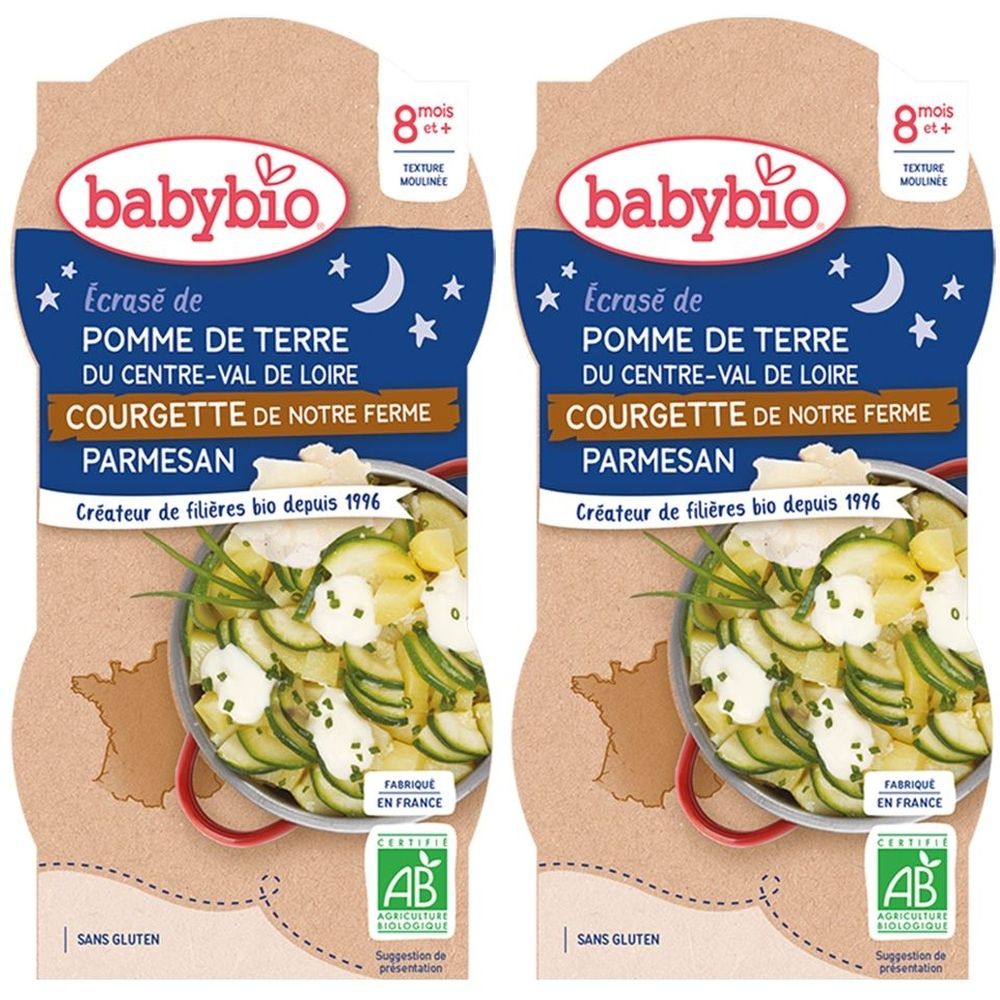 Deux emballages Babybio. Inscription: Écrasé de Pomme de Terre, Courgette, Parmesan. Label bio. Texte: 8 mois et plus. Sans gluten.
