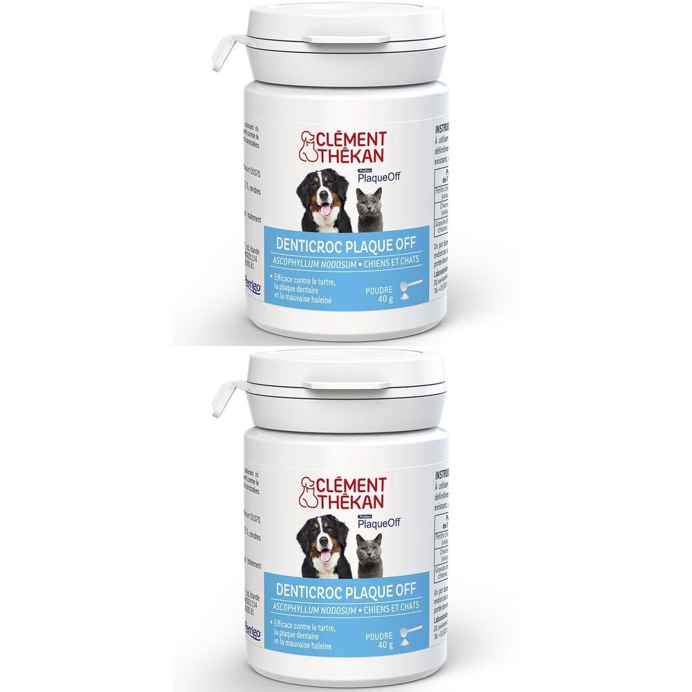 Deux boîtes blanches avec couvercle. Inscription : Clément Thékan, Denticroc Plaque Off, chien et chat. Image chien et chat.