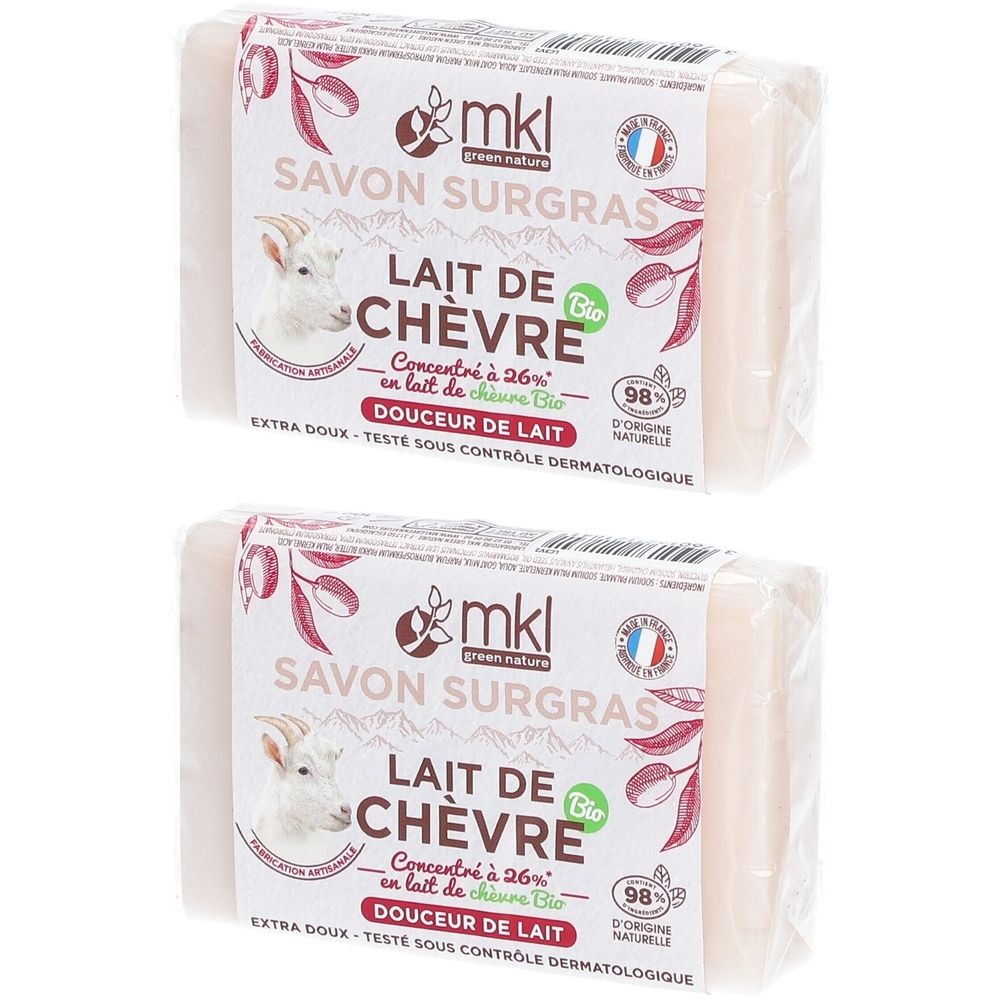 Deux savons SAVON LAIT DE CHÈVRE. Emballage avec logo et texte. Certification bio. Douceur de lait.