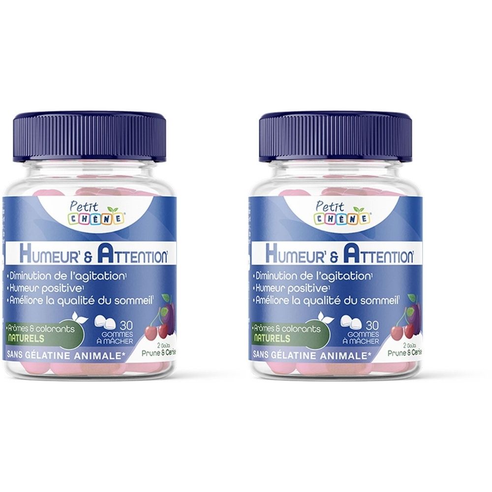 Zwei Flaschen Petit Chêne Humeur & Attention. Blaue Deckel, weiße Etiketten mit Text. 30 Gummibärchen pro Flasche. Aufschrift: Diminution de l'agitation.