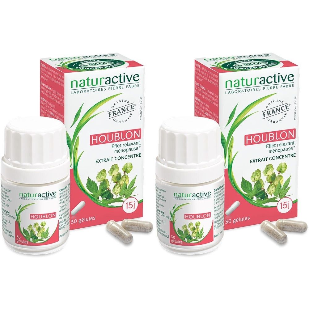 Deux boîtes et flacons de gélules. Inscription : naturactive Houblon, extrait concentré. Garantie origine France.
