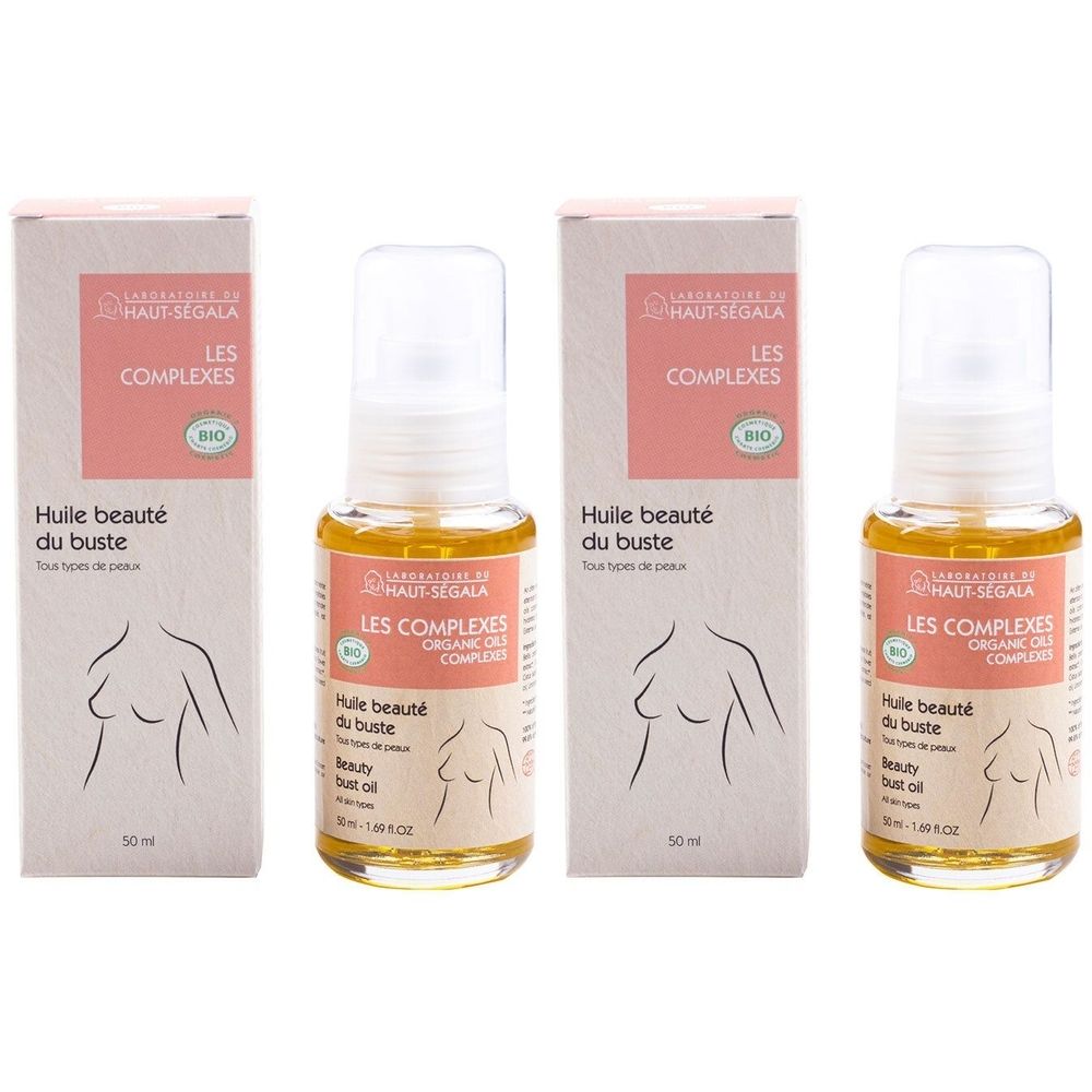 Trois flacons et emballages. Inscription: Huile beauté du buste, Les Complexes. Certification bio. Illustration de poitrine.